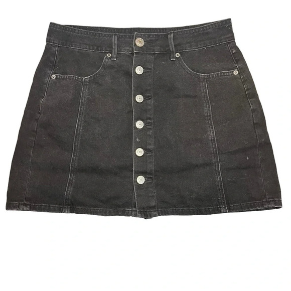 American Eagle Black Denim Button Front Hi-Rise A-Line Mini Skirt Women's‎ 6 - Picture 1 of 5